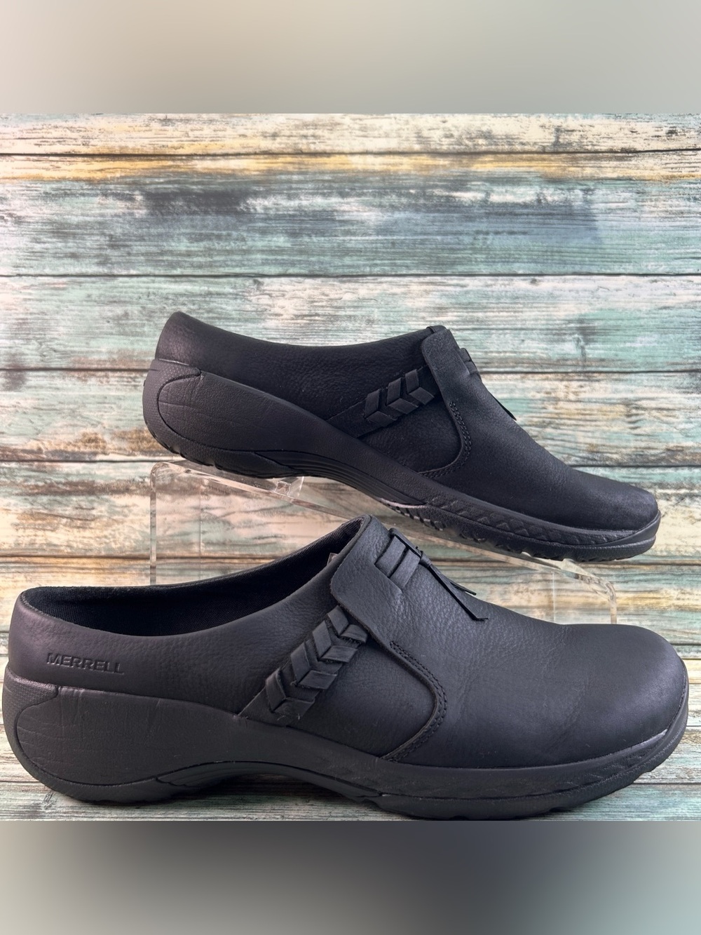 MERRELL Slip On Casual Clogs Size 11M Black Leather Wedge Heel Walking Shoes